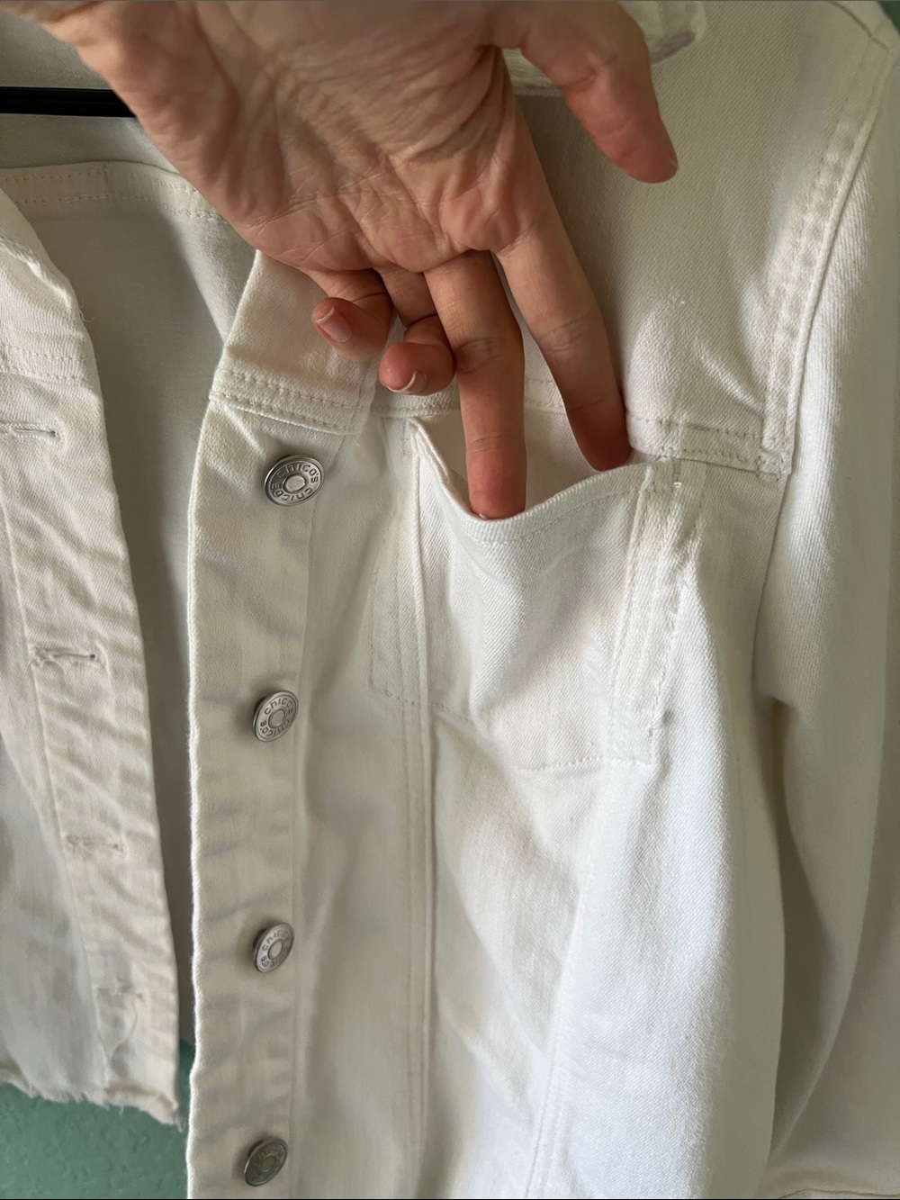 Chico's White Cropped Denim Jacket with Button Front - Picture 3 of 4
